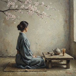 Zen inspired painting of a woman sitting quietly with a tea set, cherry blossom branch overhead, muted colors, wabi sabi aesthetic, soft lighting, textured oil painting style, minimalist background, serene atmosphere