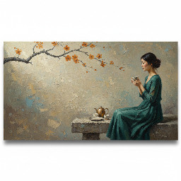 Ultra-wide panoramic Zen inspired oil painting designed as horizontal wall art. Composition uses the rule of thirds. Large negative space on the left side of the canvas.  A young Asian woman sits calmly on a stone platform positioned on the right third of the painting, facing slightly left in profile. Her posture is graceful and contemplative, holding a small ceramic tea cup in both hands near her lap. Her dark hair is tied in a soft loose bun. She wears a long flowing deep teal green dress with natural folds cascading over the stone bench.  A delicate cherry blossom branch enters from the upper left corner and stretches diagonally across the top of the painting toward the woman, with small warm amber and burnt orange blossoms.  On the stone surface beside her sits a minimalist tea set: a small gold toned teapot, two ceramic cups in soft cream and pale gray, and a simple plate.  The background is a textured aged plaster wall with painterly layers of warm beige, sand, muted blue gray, and dusty taupe. The left side of the painting is mostly empty textured wall creating calm negative space.  Soft natural light enters from the left side illuminating the blossoms and gently highlighting the woman's face and dress.  Color palette: muted beige, sand, dusty blue gray, charcoal branch tones, deep teal dress, cream ceramics, warm amber blossoms.  Style: wabi sabi aesthetic, Zen minimalism, contemporary Asian figurative art, impasto brushwork, palette knife texture, visible canvas grain, museum lighting, aged oil painting, gallery masterpiece.  --ar 3:1 --style raw --s 200 --v 6