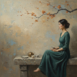 Serene Zen-inspired oil painting, ultra-wide horizontal composition. A young Asian woman sits quietly on a low stone platform toward the right third of the canvas, facing slightly left in profile. Her posture is calm and graceful, hands gently holding a small ceramic tea cup near her lap. Her dark hair is tied in a loose natural bun with a few soft strands framing her face. She wears a long flowing deep teal-green dress with soft folds cascading down the stone bench.  Above her, extending diagonally from the upper left corner toward the center, a delicate cherry blossom branch stretches across the scene with small burnt orange and amber blossoms creating visual balance.  On the stone surface in the lower center-left sits a minimalist tea set: a small gold-toned teapot, two ceramic cups in soft cream and pale gray, and a simple plate.  The background is a textured abstract plaster wall with layered painterly strokes of warm beige, sand, dusty blue-gray, and taupe, resembling aged plaster and layered oil paint. Large areas of negative space fill the left side of the composition.  Soft natural light enters from the left side, illuminating the blossoms and gently highlighting the woman's face and dress while the right side remains softly shadowed.  Atmosphere tranquil, contemplative, minimalist. Color palette muted beige, sand, dusty blue-gray, charcoal branch tones, deep teal dress, cream ceramics, warm amber blossoms.  Zen minimalism, wabi-sabi aesthetic, contemporary Asian figurative art, impasto brushwork, palette knife texture, visible canvas grain, museum lighting, aged oil painting, gallery masterpiece, subject positioned on the right third of the frame, panoramic wall art composition --ar 2:1 --style raw --s 250 --v 6