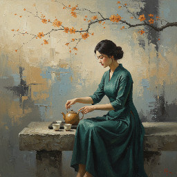 Here’s a detailed prompt description you could use to recreate something very close to this image. I’ll describe the color palette, lighting, mood, composition, and texture, since those are what really make this style work. Full Prompt Serene Zen-inspired painting of a young woman seated quietly on a stone platform preparing tea, under a delicate cherry blossom branch with small warm orange blossoms. She wears a flowing deep teal-green dress with soft folds and natural fabric texture. Her dark hair is tied in a loose elegant bun. The setting is calm and minimalist with a muted abstract background in soft layers of warm beige, pale sand, dusty blue, and gray tones, resembling textured plaster or aged wall paint. In front of her sits a simple tea set with ceramic cups and a warm gold-toned teapot. Soft natural lighting from the left side creates gentle highlights and shadows, giving the scene a peaceful contemplative atmosphere. The color palette is muted and harmonious: teal greens, warm beige, soft gray-blue, cream, and touches of amber-orange from the blossoms. Painterly brush textures and layered abstract strokes give the background a modern oil painting feel. Wabi-sabi aesthetic, Zen minimalism, contemporary Asian-inspired figurative art, balanced composition with negative space, tranquil and meditative mood, cinematic soft lighting, textured oil painting style. Key Color Palette Deep teal / jade green (dress) Warm beige / sand / taupe (background) Muted blue-gray (abstract textures) Soft cream / ivory (ceramics) Amber-orange (cherry blossoms) Dark charcoal / brown (tree branch and hair) Style Keywords Add these to the prompt for best results: wabi sabi Zen minimalism textured oil painting contemporary Asian aesthetic soft cinematic lighting muted earthy palette calm contemplative atmosphere Aspect Ratio This artwork is very wide, so specify: Copy code  --ar 16:9 (or 3:1 if you want it even wider like wall art)