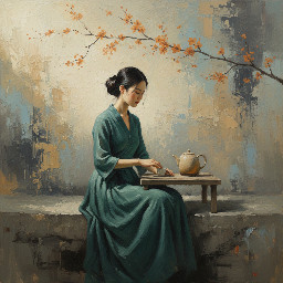 Here’s a detailed prompt description you could use to recreate something very close to this image. I’ll describe the color palette, lighting, mood, composition, and texture, since those are what really make this style work. Full Prompt Serene Zen-inspired painting of a young woman seated quietly on a stone platform preparing tea, under a delicate cherry blossom branch with small warm orange blossoms. She wears a flowing deep teal-green dress with soft folds and natural fabric texture. Her dark hair is tied in a loose elegant bun. The setting is calm and minimalist with a muted abstract background in soft layers of warm beige, pale sand, dusty blue, and gray tones, resembling textured plaster or aged wall paint. In front of her sits a simple tea set with ceramic cups and a warm gold-toned teapot. Soft natural lighting from the left side creates gentle highlights and shadows, giving the scene a peaceful contemplative atmosphere. The color palette is muted and harmonious: teal greens, warm beige, soft gray-blue, cream, and touches of amber-orange from the blossoms. Painterly brush textures and layered abstract strokes give the background a modern oil painting feel. Wabi-sabi aesthetic, Zen minimalism, contemporary Asian-inspired figurative art, balanced composition with negative space, tranquil and meditative mood, cinematic soft lighting, textured oil painting style. Key Color Palette Deep teal / jade green (dress) Warm beige / sand / taupe (background) Muted blue-gray (abstract textures) Soft cream / ivory (ceramics) Amber-orange (cherry blossoms) Dark charcoal / brown (tree branch and hair) Style Keywords Add these to the prompt for best results: wabi sabi Zen minimalism textured oil painting contemporary Asian aesthetic soft cinematic lighting muted earthy palette calm contemplative atmosphere Aspect Ratio This artwork is very wide, so specify: Copy code  --ar 16:9 (or 3:1 if you want it even wider like wall art)