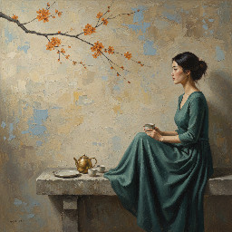 Serene Zen-inspired oil painting, ultra-wide horizontal composition. A young Asian woman sits quietly on a low stone platform toward the right third of the canvas, facing slightly left in profile. Her posture is calm and graceful, hands gently holding a small ceramic tea cup near her lap. Her dark hair is tied in a loose natural bun with a few soft strands framing her face. She wears a long flowing deep teal-green dress with soft folds cascading down the stone bench.  Above her, extending diagonally from the upper left corner toward the center, a delicate cherry blossom branch stretches across the scene with small burnt orange and amber blossoms creating visual balance.  On the stone surface in the lower center-left sits a minimalist tea set: a small gold-toned teapot, two ceramic cups in soft cream and pale gray, and a simple plate.  The background is a textured abstract plaster wall with layered painterly strokes of warm beige, sand, dusty blue-gray, and taupe, resembling aged plaster and layered oil paint. Large areas of negative space fill the left side of the composition.  Soft natural light enters from the left side, illuminating the blossoms and gently highlighting the woman's face and dress while the right side remains softly shadowed.  Atmosphere tranquil, contemplative, minimalist. Color palette muted beige, sand, dusty blue-gray, charcoal branch tones, deep teal dress, cream ceramics, warm amber blossoms.  Zen minimalism, wabi-sabi aesthetic, contemporary Asian figurative art, impasto brushwork, palette knife texture, visible canvas grain, museum lighting, aged oil painting, gallery masterpiece, subject positioned on the right third of the frame, panoramic wall art composition --ar 2:1 --style raw --s 250 --v 6