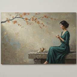 Ultra-wide panoramic Zen inspired oil painting designed as horizontal wall art. Composition uses the rule of thirds. Large negative space on the left side of the canvas.  A young Asian woman sits calmly on a stone platform positioned on the right third of the painting, facing slightly left in profile. Her posture is graceful and contemplative, holding a small ceramic tea cup in both hands near her lap. Her dark hair is tied in a soft loose bun. She wears a long flowing deep teal green dress with natural folds cascading over the stone bench.  A delicate cherry blossom branch enters from the upper left corner and stretches diagonally across the top of the painting toward the woman, with small warm amber and burnt orange blossoms.  On the stone surface beside her sits a minimalist tea set: a small gold toned teapot, two ceramic cups in soft cream and pale gray, and a simple plate.  The background is a textured aged plaster wall with painterly layers of warm beige, sand, muted blue gray, and dusty taupe. The left side of the painting is mostly empty textured wall creating calm negative space.  Soft natural light enters from the left side illuminating the blossoms and gently highlighting the woman's face and dress.  Color palette: muted beige, sand, dusty blue gray, charcoal branch tones, deep teal dress, cream ceramics, warm amber blossoms.  Style: wabi sabi aesthetic, Zen minimalism, contemporary Asian figurative art, impasto brushwork, palette knife texture, visible canvas grain, museum lighting, aged oil painting, gallery masterpiece.  --ar 3:1 --style raw --s 200 --v 6
