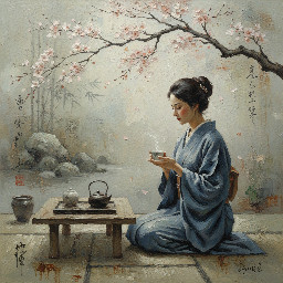 Zen inspired painting of a woman sitting quietly with a tea set, cherry blossom branch overhead, muted colors, wabi sabi aesthetic, soft lighting, textured oil painting style, minimalist background, serene atmosphere