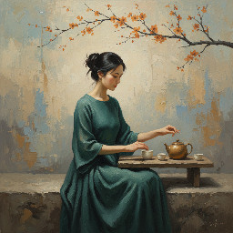 Here’s a detailed prompt description you could use to recreate something very close to this image. I’ll describe the color palette, lighting, mood, composition, and texture, since those are what really make this style work. Full Prompt Serene Zen-inspired painting of a young woman seated quietly on a stone platform preparing tea, under a delicate cherry blossom branch with small warm orange blossoms. She wears a flowing deep teal-green dress with soft folds and natural fabric texture. Her dark hair is tied in a loose elegant bun. The setting is calm and minimalist with a muted abstract background in soft layers of warm beige, pale sand, dusty blue, and gray tones, resembling textured plaster or aged wall paint. In front of her sits a simple tea set with ceramic cups and a warm gold-toned teapot. Soft natural lighting from the left side creates gentle highlights and shadows, giving the scene a peaceful contemplative atmosphere. The color palette is muted and harmonious: teal greens, warm beige, soft gray-blue, cream, and touches of amber-orange from the blossoms. Painterly brush textures and layered abstract strokes give the background a modern oil painting feel. Wabi-sabi aesthetic, Zen minimalism, contemporary Asian-inspired figurative art, balanced composition with negative space, tranquil and meditative mood, cinematic soft lighting, textured oil painting style. Key Color Palette Deep teal / jade green (dress) Warm beige / sand / taupe (background) Muted blue-gray (abstract textures) Soft cream / ivory (ceramics) Amber-orange (cherry blossoms) Dark charcoal / brown (tree branch and hair) Style Keywords Add these to the prompt for best results: wabi sabi Zen minimalism textured oil painting contemporary Asian aesthetic soft cinematic lighting muted earthy palette calm contemplative atmosphere Aspect Ratio This artwork is very wide, so specify: Copy code  --ar 16:9 (or 3:1 if you want it even wider like wall art)