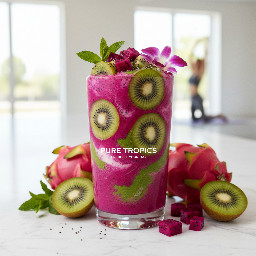 Dragon fruit and kiwi smoothie, vibrant exotic colors, floating ingredients, modern healthy lifestyle advertisement, ultra realistic