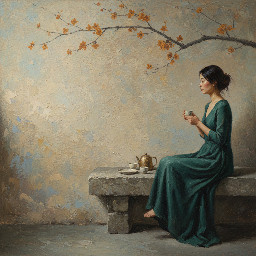 Ultra-wide panoramic Zen inspired oil painting designed as horizontal wall art. Composition uses the rule of thirds. Large negative space on the left side of the canvas.  A young Asian woman sits calmly on a stone platform positioned on the right third of the painting, facing slightly left in profile. Her posture is graceful and contemplative, holding a small ceramic tea cup in both hands near her lap. Her dark hair is tied in a soft loose bun. She wears a long flowing deep teal green dress with natural folds cascading over the stone bench.  A delicate cherry blossom branch enters from the upper left corner and stretches diagonally across the top of the painting toward the woman, with small warm amber and burnt orange blossoms.  On the stone surface beside her sits a minimalist tea set: a small gold toned teapot, two ceramic cups in soft cream and pale gray, and a simple plate.  The background is a textured aged plaster wall with painterly layers of warm beige, sand, muted blue gray, and dusty taupe. The left side of the painting is mostly empty textured wall creating calm negative space.  Soft natural light enters from the left side illuminating the blossoms and gently highlighting the woman's face and dress.  Color palette: muted beige, sand, dusty blue gray, charcoal branch tones, deep teal dress, cream ceramics, warm amber blossoms.  Style: wabi sabi aesthetic, Zen minimalism, contemporary Asian figurative art, impasto brushwork, palette knife texture, visible canvas grain, museum lighting, aged oil painting, gallery masterpiece.  --ar 3:1 --style raw --s 200 --v 6