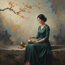 Here’s a detailed prompt description you could use to recreate something very close to this image. I’ll describe the color palette, lighting, mood, composition, and texture, since those are what really make this style work. Full Prompt Serene Zen-inspired painting of a young woman seated quietly on a stone platform preparing tea, under a delicate cherry blossom branch with small warm orange blossoms. She wears a flowing deep teal-green dress with soft folds and natural fabric texture. Her dark hair is tied in a loose elegant bun. The setting is calm and minimalist with a muted abstract background in soft layers of warm beige, pale sand, dusty blue, and gray tones, resembling textured plaster or aged wall paint. In front of her sits a simple tea set with ceramic cups and a warm gold-toned teapot. Soft natural lighting from the left side creates gentle highlights and shadows, giving the scene a peaceful contemplative atmosphere. The color palette is muted and harmonious: teal greens, warm beige, soft gray-blue, cream, and touches of amber-orange from the blossoms. Painterly brush textures and layered abstract strokes give the background a modern oil painting feel. Wabi-sabi aesthetic, Zen minimalism, contemporary Asian-inspired figurative art, balanced composition with negative space, tranquil and meditative mood, cinematic soft lighting, textured oil painting style. Key Color Palette Deep teal / jade green (dress) Warm beige / sand / taupe (background) Muted blue-gray (abstract textures) Soft cream / ivory (ceramics) Amber-orange (cherry blossoms) Dark charcoal / brown (tree branch and hair) Style Keywords Add these to the prompt for best results: wabi sabi Zen minimalism textured oil painting contemporary Asian aesthetic soft cinematic lighting muted earthy palette calm contemplative atmosphere Aspect Ratio This artwork is very wide, so specify: Copy code  --ar 16:9 (or 3:1 if you want it even wider like wall art)