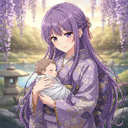 Japanese Anime Picture Girl,  Purple Long Hair ,purple eyes, elegant,motherly,kindness personality
