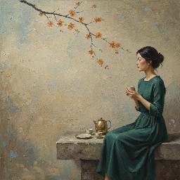 Ultra-wide panoramic Zen inspired oil painting designed as horizontal wall art. Composition uses the rule of thirds. Large negative space on the left side of the canvas.  A young Asian woman sits calmly on a stone platform positioned on the right third of the painting, facing slightly left in profile. Her posture is graceful and contemplative, holding a small ceramic tea cup in both hands near her lap. Her dark hair is tied in a soft loose bun. She wears a long flowing deep teal green dress with natural folds cascading over the stone bench.  A delicate cherry blossom branch enters from the upper left corner and stretches diagonally across the top of the painting toward the woman, with small warm amber and burnt orange blossoms.  On the stone surface beside her sits a minimalist tea set: a small gold toned teapot, two ceramic cups in soft cream and pale gray, and a simple plate.  The background is a textured aged plaster wall with painterly layers of warm beige, sand, muted blue gray, and dusty taupe. The left side of the painting is mostly empty textured wall creating calm negative space.  Soft natural light enters from the left side illuminating the blossoms and gently highlighting the woman's face and dress.  Color palette: muted beige, sand, dusty blue gray, charcoal branch tones, deep teal dress, cream ceramics, warm amber blossoms.  Style: wabi sabi aesthetic, Zen minimalism, contemporary Asian figurative art, impasto brushwork, palette knife texture, visible canvas grain, museum lighting, aged oil painting, gallery masterpiece.  --ar 3:1 --style raw --s 200 --v 6
