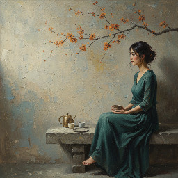 Serene Zen-inspired oil painting, ultra-wide horizontal composition. A young Asian woman sits quietly on a low stone platform toward the right third of the canvas, facing slightly left in profile. Her posture is calm and graceful, hands gently holding a small ceramic tea cup near her lap. Her dark hair is tied in a loose natural bun with a few soft strands framing her face. She wears a long flowing deep teal-green dress with soft folds cascading down the stone bench.  Above her, extending diagonally from the upper left corner toward the center, a delicate cherry blossom branch stretches across the scene with small burnt orange and amber blossoms creating visual balance.  On the stone surface in the lower center-left sits a minimalist tea set: a small gold-toned teapot, two ceramic cups in soft cream and pale gray, and a simple plate.  The background is a textured abstract plaster wall with layered painterly strokes of warm beige, sand, dusty blue-gray, and taupe, resembling aged plaster and layered oil paint. Large areas of negative space fill the left side of the composition.  Soft natural light enters from the left side, illuminating the blossoms and gently highlighting the woman's face and dress while the right side remains softly shadowed.  Atmosphere tranquil, contemplative, minimalist. Color palette muted beige, sand, dusty blue-gray, charcoal branch tones, deep teal dress, cream ceramics, warm amber blossoms.  Zen minimalism, wabi-sabi aesthetic, contemporary Asian figurative art, impasto brushwork, palette knife texture, visible canvas grain, museum lighting, aged oil painting, gallery masterpiece, subject positioned on the right third of the frame, panoramic wall art composition --ar 2:1 --style raw --s 250 --v 6