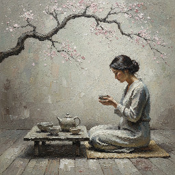 Zen inspired painting of a woman sitting quietly with a tea set, cherry blossom branch overhead, muted colors, wabi sabi aesthetic, soft lighting, textured oil painting style, minimalist background, serene atmosphere