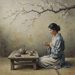 Zen inspired painting of a woman sitting quietly with a tea set, cherry blossom branch overhead, muted colors, wabi sabi aesthetic, soft lighting, textured oil painting style, minimalist background, serene atmosphere