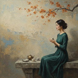 Serene Zen-inspired oil painting, ultra-wide horizontal composition. A young Asian woman sits quietly on a low stone platform toward the right third of the canvas, facing slightly left in profile. Her posture is calm and graceful, hands gently holding a small ceramic tea cup near her lap. Her dark hair is tied in a loose natural bun with a few soft strands framing her face. She wears a long flowing deep teal-green dress with soft folds cascading down the stone bench.  Above her, extending diagonally from the upper left corner toward the center, a delicate cherry blossom branch stretches across the scene with small burnt orange and amber blossoms creating visual balance.  On the stone surface in the lower center-left sits a minimalist tea set: a small gold-toned teapot, two ceramic cups in soft cream and pale gray, and a simple plate.  The background is a textured abstract plaster wall with layered painterly strokes of warm beige, sand, dusty blue-gray, and taupe, resembling aged plaster and layered oil paint. Large areas of negative space fill the left side of the composition.  Soft natural light enters from the left side, illuminating the blossoms and gently highlighting the woman's face and dress while the right side remains softly shadowed.  Atmosphere tranquil, contemplative, minimalist. Color palette muted beige, sand, dusty blue-gray, charcoal branch tones, deep teal dress, cream ceramics, warm amber blossoms.  Zen minimalism, wabi-sabi aesthetic, contemporary Asian figurative art, impasto brushwork, palette knife texture, visible canvas grain, museum lighting, aged oil painting, gallery masterpiece, subject positioned on the right third of the frame, panoramic wall art composition --ar 2:1 --style raw --s 250 --v 6